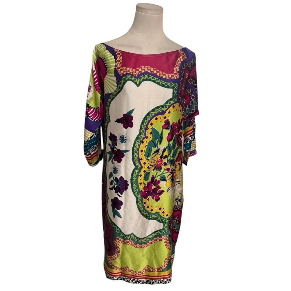 CACHE 100% Silk Floral Midi Dress Flowers Tropical Party Luxury Size S Boho Trip